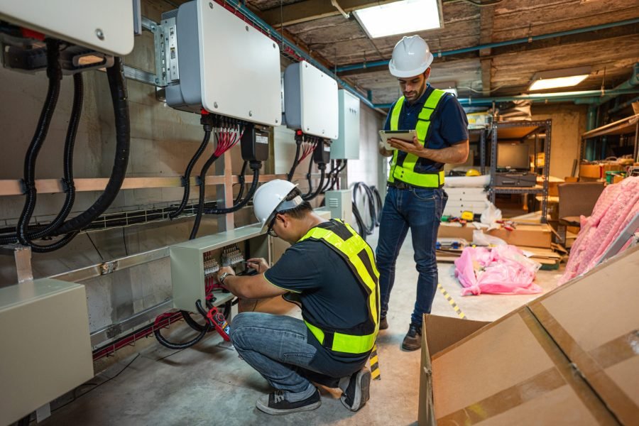 Service Engineer use tablet working inspection installation inverter solar cell. Technician maintenance solar cells. Technology solar energy renewable.